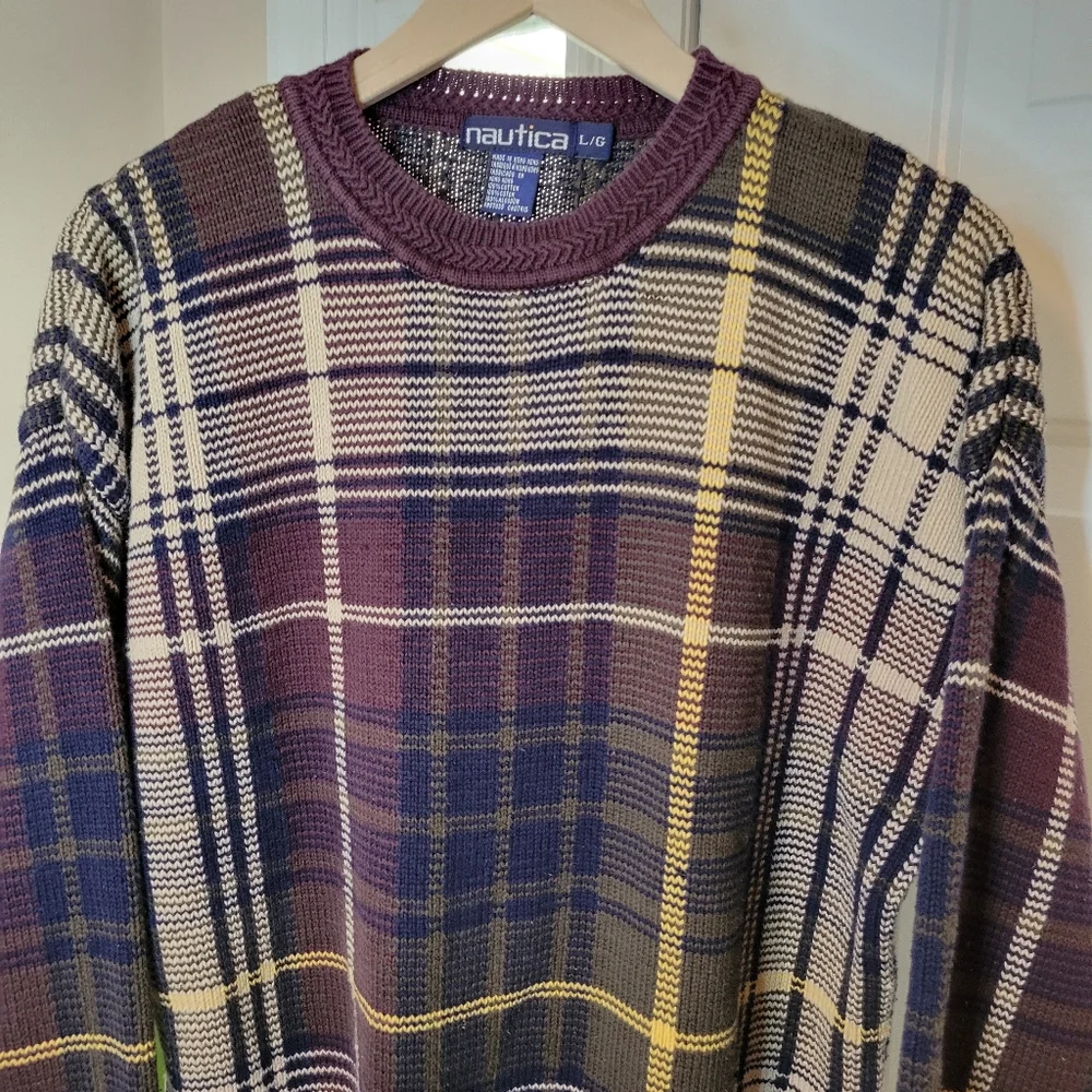Vintage‎ Nautica Gorgeous Heavyweight 100% Cotton Plaid Sweater, Size Mens Large